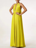 Bonnyshow  Women's Vibrant Yellow Halter Wrap Maxi Dress Deep V-neck Sexy Pleated Long Evening Dresses Elegant Photoshoot Dress