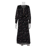 Bonnyshow  High Waist Floral Long Dress For Women Ruffled Splice Laple Long Sleeve Party Vacation Clothes Lady Retro Elegant Dress