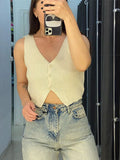 Bonnyshow  Casual Knitted Solid V-neck Vest Women Versatile Sleeveless Single Breasted Vest Cardigan Female Fashion Simple Basic Knitwear