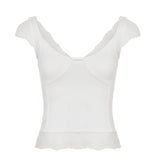 Bonnyshow  Fashion Trendy Solid Simple Causal Women T-Shirts Short Sleeves Slim Fit Lace Spliced Sweet All-Match Blouses