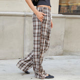 Bonnyshow  Streetwear Drawstring Plaid Pants Elastic Waisted Fashion Casual Sweatpants Harajuku Aesthetic Y2K Straight Pants