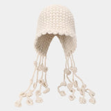 Bonnyshow Korean Wool Tassel Knitted Hat for Women Winter Warm Ear Protection Cap Sweet Solid Color Female Pullover Hats Gorros