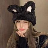Bonnyshow Y2K Rabbit Ears Beanie Cap for Women Winter Warm Plush Knitted Hat Cute Cartoon Fluffy Fur Female Lady Skullies Ski Hats