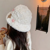 Bonnyshow Cute Star Plush Bucket Hat  Women Winter Warm Thicken Female Fisherman Cap Y2K Sweet Girls Ear Protection Hats