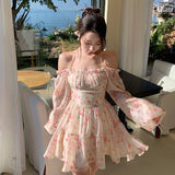 BonnyshowSummer Floral Dress Women Slash Neck Female Long Sleeve Fairy Dress Off Shoulder Pink A-line Elegant  Beach Short Dresses