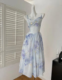 Bonnyshow  Summer French Blue Pink Flower Slim Backless Slip Long Dress Women Vintage Elegant Sexy Sleeveless High Waist Party Dress Ladies