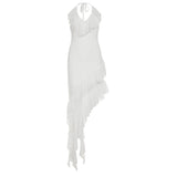 Bonnyshow  White Rufle Halter Long Dress Women 3D floral V-Neck Backless Beach Vacation Dresses Semi-translucent Summer Outfit New