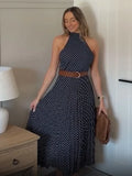 Bonnyshow  Polka Dot Halter Long Dress Women Elegant Sleeveless Backless Lace Up High Wasit Slim Vestido 2025 New Summer Fashion Lady Robes