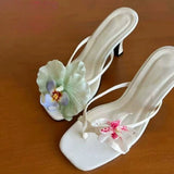 Bonnyshow  Flowers Decor Women's Flip Flops Summer Elegant Party Wedding Thin Heels Sandals Casual Streewear Satin Ladies Shoes New 2025