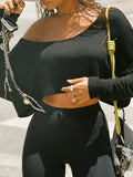 Bonnyshow  Casual Off Shoulder Skew Collar Women's Top Solid Basic 90s Y2k Chic Knitted Crop Shirt Fashion Streetwear Tees