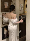 Bonnyshow Celebrity Fashion Off Shoulder White Birthday Dress Elegant Lace Up Back Feather Fur Slash Neck Strapless Evening Party Dress