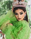 Bonnyshow Neon Green Layered Tulle High Low Evening Dresses With Ruffles Trimmed Details See Thru Full Sleeves Long Formal Party Dress