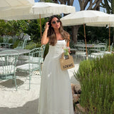 Bonnyshow  Fashion White Pleated Long Dress Women Elegant Sleeveless Square Collar A-line Maxi Dress Lady 2025 Summer Chic Street Vestidos