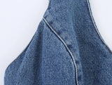 Bonnyshow  Sexy Backless Halter Denim Jumpsuit Women High Street Summer Romper Short Playsuit