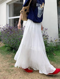 Bonnyshow  French Elegance Women Midi Skirts Y2K Summer Streetwear Patchwork A Line Pleated Skirts High Waist Loose All-Match Long Skirts