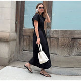 Bonnyshow  Elegant Women Short Sleeve Midi Dress New Spring Summer Sexy Round Neck Draped High Waist Robe Office Party Long Dresses