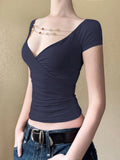 Bonnyshow  Simple Beading V-Neck Hotsweet Summer T-Shirts Short Sleeve Slim Cute Design Fashion Women Blouses