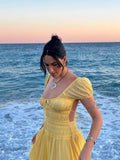 Bonnyshow  Olive Green Off Shoulder Puff Sleeve Maxi Dress Women Ruched Elastic Waist 2025 New Summer Beach Vacation Date Lady Vestidos