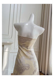 Bonnyshow  Women's Elegant Beige Chiffon Maxi Dress Floral Print Strap Formal Evening Gown Prom Party With Embellished Waist