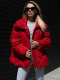 Bonnyshow Autumn Winter Thicken Warm Cotton Jacket Matte Glossy Lapel Bread Jacket  Women's  Fashion Loose Casual Cotton Jacket