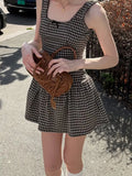 Bonnyshow  Fashion Slim Fit Square Neck Camisole Dresses Summer Plaid A-Line Sweet Cute Basic Causal Blouses