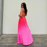 Bonnyshow Gradient Holiday Dress Women Sexy Cut Out Backless Maxi Beach Dresses Summer Casual Loose Pleated Bohemia Outfits