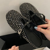 Bonnyshow  Fashion Design Crystal Rhinestone Round Toe Buckle Strap Mules Slippers Women Elegant Low Heels Casual Party Dress Shoes