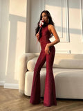 Bonnyshow  Elegant Halter Neck Backless Party Jumpsuits for Women 2025 Summer Off Shoulder Sleeveless High Waist Flare Pants Red Overalls