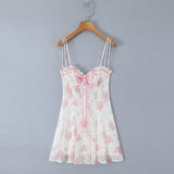 Bonnyshow  Women Wire Bra Wood ears Bow V Collar Push Up Bandage Backless Sling Dress Sexy Floral Print Night Out Party Summer Robe