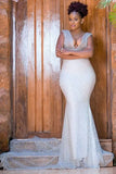 Bonnyshow Luxury Sparkle Lace Long Mermaid Nigerian Evening Dress Sexy Deep V-neck Open Back Aso Ebi Maxi Gowns African Bridal Dress