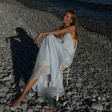 Bonnyshow  Summer Chic Pleated Long Dresses Women Elegant Loose V Neck Sleeveless High Waist Female Robes Solid Backless Lady Beachwear