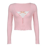Bonnyshow Patchwork Sexy T-shirt Women Autumn New Streetwear Long Sleeves Bodycon V-Neck Tees Female Fashion Lace Button Casual Crop Top