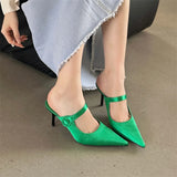 Bonnyshow  Satin Button Pointed Toe Mules Pumps Women Slipper Fashion Shallow Thin High Heels Ladies Shoes