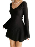 Bonnyshow Women Solid Color Ribbed Long Sleeve V-Neck Slim Fit Party Mini Dress Fashion Spring Autumn Slim A-Line Dress