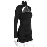 Bonnyshow Autumn Black Dresses Women New Fashion Long Sleeves Turtleneck Dress Sexy Hollow Out Backless Bodycon Sheath Elegant Lady Dress