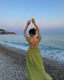 Bonnyshow  Olive Green Off Shoulder Puff Sleeve Maxi Dress Women Ruched Elastic Waist 2025 New Summer Beach Vacation Date Lady Vestidos