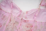Bonnyshow  Romantic Floral Print Maxi Dress Ruffle Trim Lace Detail Tiered Long Pretty Pink For Women Sleeveless Summer TH9769