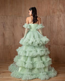 Bonnyshow Beautiful Mini Green Sparkle Beaded Long Evening Dresses With Ruffles Trimmed Details Shiny Squined Princess Long Gons