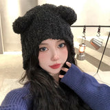 Bonnyshow Cute Bear Ear Wool Hat Winter Beanies Warm Ear Protection Knitted Beanie Cap Bonnets Cartoon Solid Color Warmer Earmuffs Caps