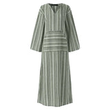 Bonnyshow Women Retro Stripe Cotton Linen Long Dress Summer V Neck Long Sleeve Casual Maxi Dresses  Oversize Loose Streetwear Vestidos