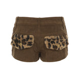 Bonnyshow Patchwork Leopard Chic Y2K Corduroy Short Women Simple All-Match Button Mini Low-Waist Pants