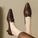 Bonnyshow  French Retro Temperament Low-heeled Shoes Women's Spring New Leather Pointed High Heels Small Leather Shoes Large Size 43