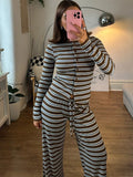 Bonnyshow  Casual Striped Cardigan Long Pant Woman's Set Fashion Loose O-neck Full Sleeve Tops Drawstring Pants Sets Lady Chic Home Outfits