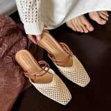 Bonnyshow  Vintage Woven 1 Slip-on Toe Half Slippers Women's New Outwear French Fairy Style Thick Heel Holiday Shoes