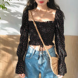 Bonnyshow Women's Blouse Square Collar Korean Version Floral Print Exposing Navel Dopamine Puff Long Sleeves Chiffon Blouse.