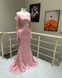 Bonnyshow Real Image Blush Pink Satin Mermaid Evening Dresses With Lace Decoration See Thru Lace Sleeves Modest Long Formal Dress
