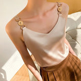 Bonnyshow   Top V-neck Solid Fashion Sleeveless Top Women Temperament Elegant Office Lady Backless Top Silk Spaghetti Camis Summe