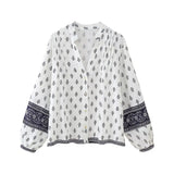 Bonnyshow  women's shirt with puffy sleeves round V-neck print casual temperament summer new style shirt