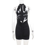 Bonnyshow  Female Backless Vestidoes Summer Sexy Halter Sleeveless Bodycon Party Dresses Elegant Bright Silk Patchwork Mini Dress for Women