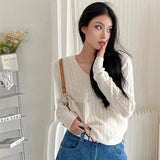 Bonnyshow Women Spring Fall Pullovers Navy Sweaters Long Sleeve V Neck Cable Knit New In Crop Tops Knitwears for Slim Girls